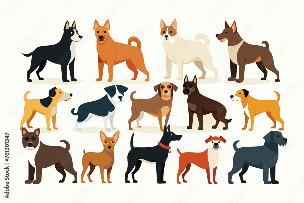  Various species dogs with different poses, vector silhouette illustration