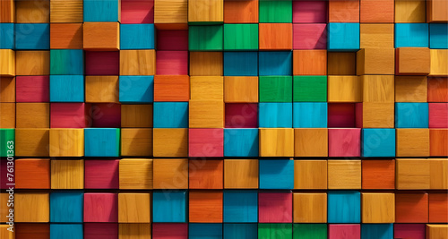  3D Rainbow various wood pieces creating an interesting pattern like saqure. colorful wooden square cubes