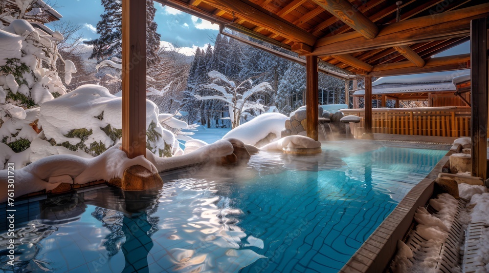 A tranquil hot spring bath surrounded by snow-covered rocks, trees, and traditional Japanese architecture, creating a serene, winter scene. A tranquil hot spring bath surrounded by snow-covered rocks, trees, and traditional Japanese architecture, creating a serene, winter scene.