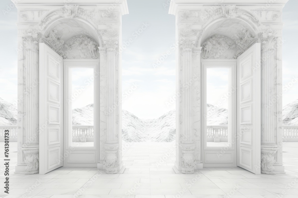 Roman columns and open doorway against white background for architectural design
