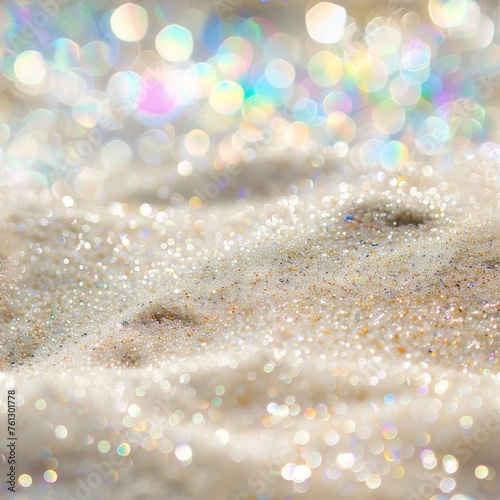 Macro shot of glistening sand with rainbow reflections creating a magical, festive feel. Ideal for backgrounds and textured designs.