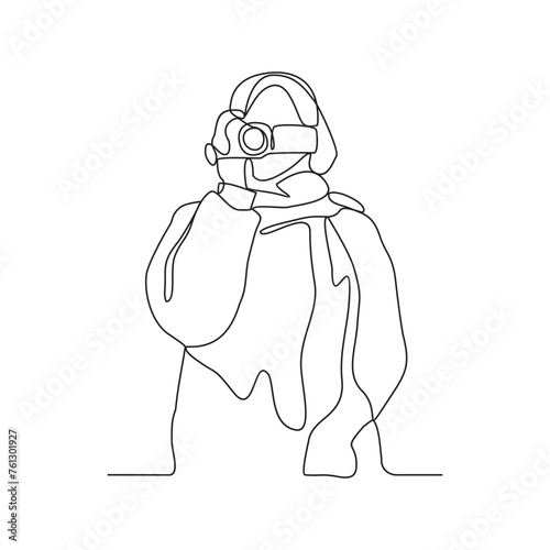 One continuous line drawing of a videographer is capturing activities to make a documentary film vector illustration. Videographer activity illustration in simple linear style vector design concept.