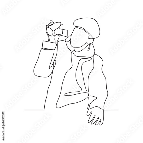 One continuous line drawing of a videographer is capturing activities to make a documentary film vector illustration. Videographer activity illustration in simple linear style vector design concept.