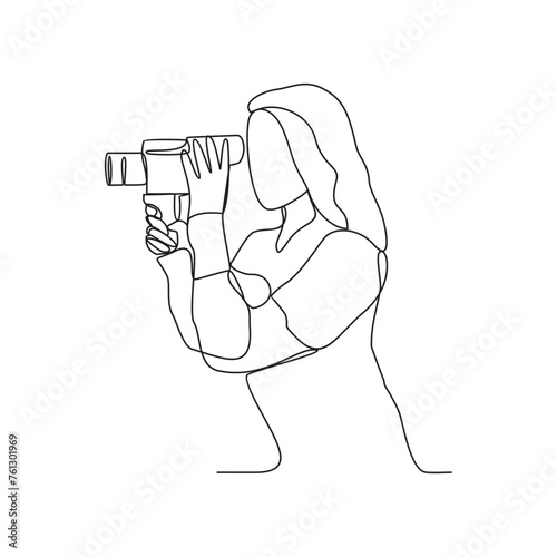 One continuous line drawing of a videographer is capturing activities to make a documentary film vector illustration. Videographer activity illustration in simple linear style vector design concept.