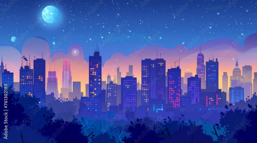 A digital illustration of a futuristic cityscape under a starry sky, blending urban architecture with dreamy cosmic elements.