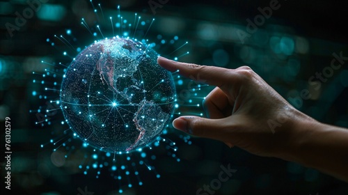 Hand touching digital globe with global network and connectivity, symbolizing the world of business over cyberspace on a blue background, full HD in sharp focus.