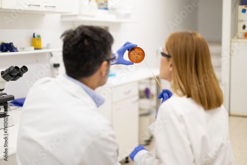 Researchers studying a petri dish in a pharmaceutical lab setting