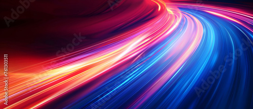 Abstract illustration depicting high-speed light trails in 3D  creating a dynamic and futuristic backdrop. The red and blue light motion trails convey a sense of fast movement and modern technology.