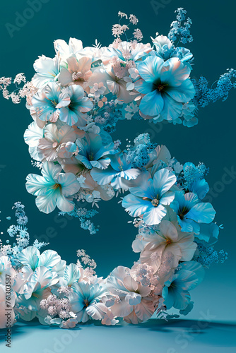 5 in Bloom: Cosmic Floral 3D Figure on Blue-Green Background - Minimalist Futurism with Photorealistic Volumetric Light photo