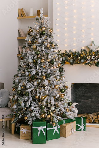 New Year's decor, a white room with a fireplace decorated for Christmas