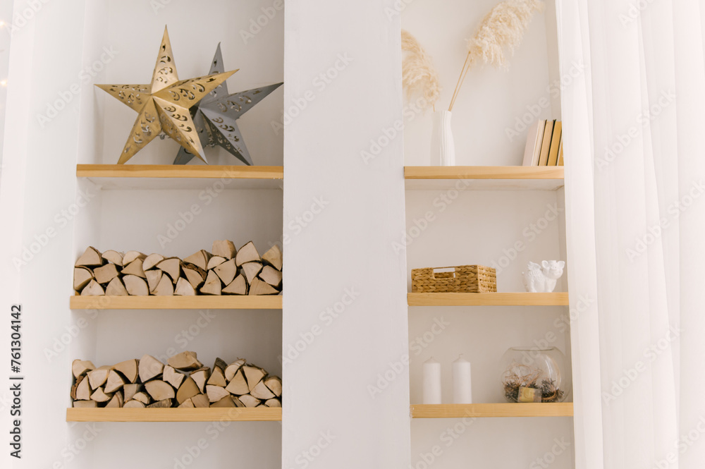 Beautiful minimalistic interior, bookshelf and decor