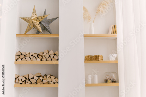 Beautiful minimalistic interior, bookshelf and decor
