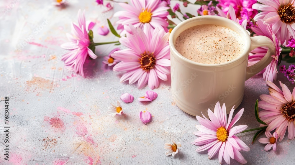 Professional break coffee time on clean office table with pastel background mockup Professional break coffee time on clean office table with pastel background mockup