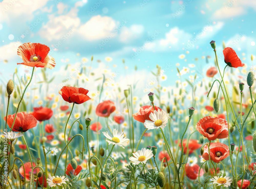 Beautiful spring meadow with red poppies and daisies, blue sky with clouds in the background