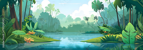 Jungle forest with trees and pond cartoon background, illustration of tropical landscape © Oksana