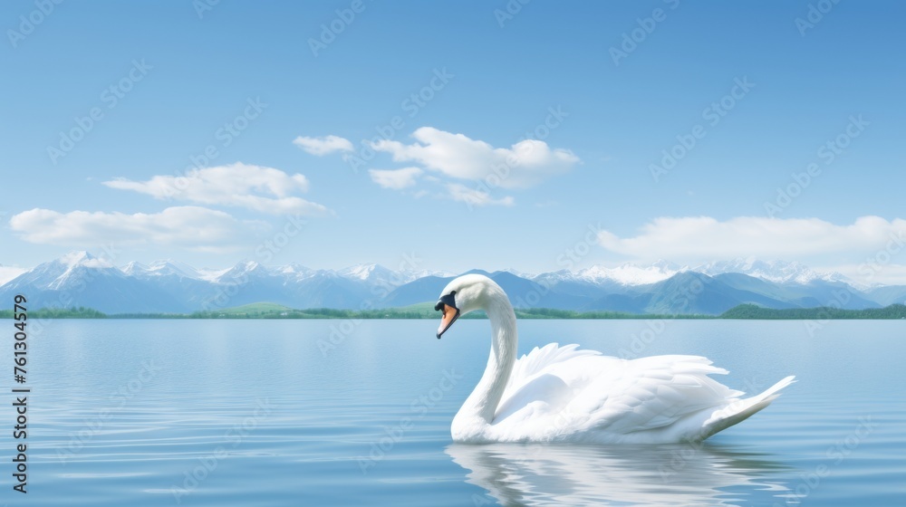 Obraz premium Tranquil landscape with graceful swan peacefully floating on serene and calm lake
