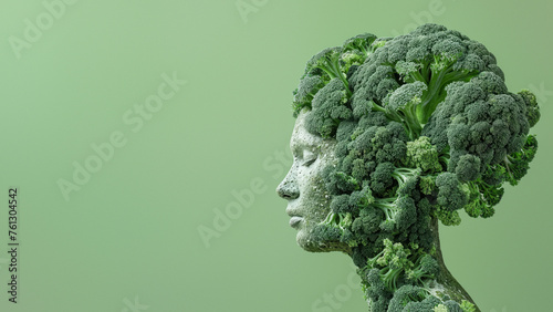 Intertwined human profile and broccoli textures create a visually stimulating piece on a green background