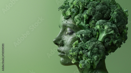 An imaginative artwork transforming broccoli into a human head profile, evoking themes of ecology and organic living photo