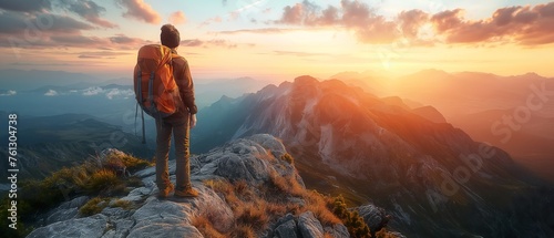 hiker in vibrant attire admires the sunrise over mountains, encapsulating the essence of adventure, travel, and the great outdoors © TEERAPONG