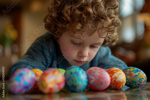 A young child is creatively adorning Easter eggs with vibrant colors.