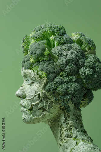 A creative and surreal human head made entirely of broccoli showcased on a green canvas, emphasizing nature and health