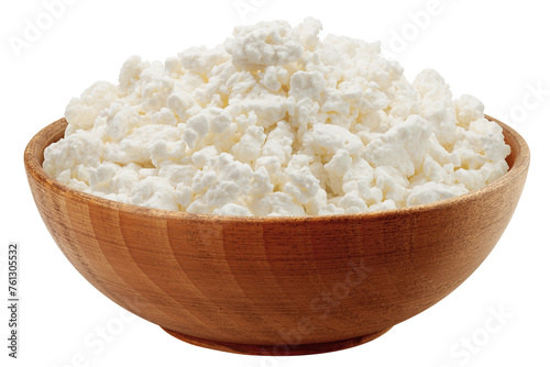 Cottage Cheese, Curd in wooden bowl, isolated on white background, full depth of field © grey