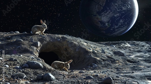 Two rabbits on an alien sur...