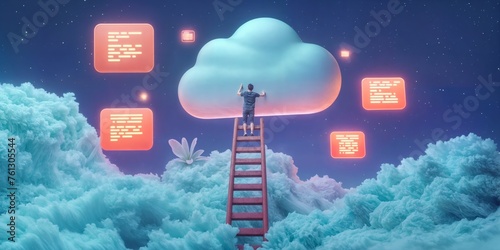 A 3D rendering of a ladder leading to a cloud, with each rung representing a step in a business plan, illustrating the path to success photo