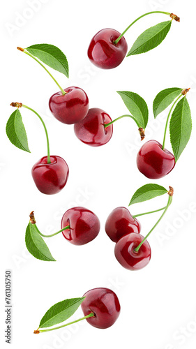 Falling cherry, isolated on white background, full depth of field