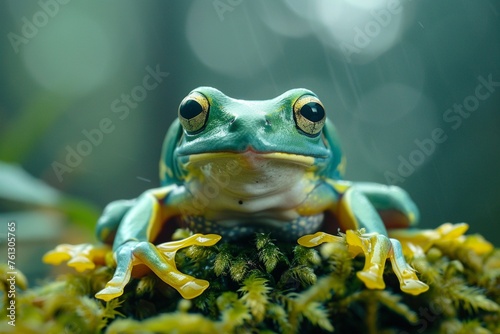 Gliding frogs appear to be giggling on moss. animal closeup, laughing flying frog The Indonesian tree frog glides across the moss.