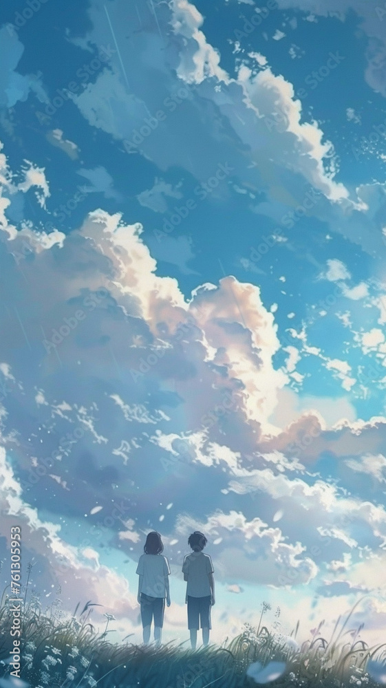 Two characters are standing around and looking at the sky in the style of anime art lit kid