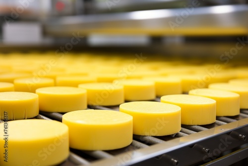 Automated conveyor belt transporting round cheese in clean food production facility