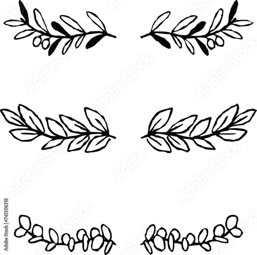葉っぱの罫線イラストセット （オリーブ・月桂樹・ユーカリ） 手描き白黒線画 