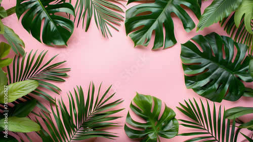 Frame with Tropical leaves on a pink background with copy space  top view