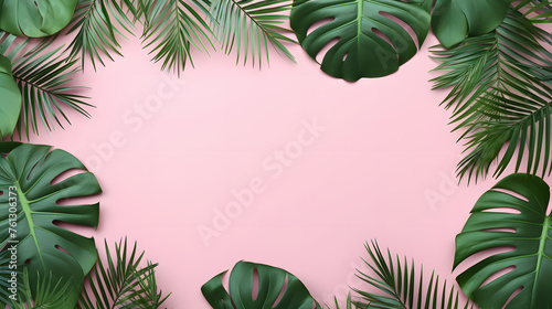 Frame with Tropical leaves on a pink background with copy space  top view