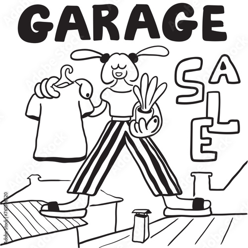 poster for a garage sale in doodle style in vector. template for poster banner advertising postcard sticker design