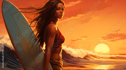 Female Surfer with Board at Sunset Beach Illustration