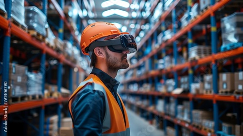 Augmented Reality Picking warehouse workers wearing AR glasses or headsets, which provide real-time picking instructions and navigation cues for faster and more accurate order fulfillment. © CraftyImago