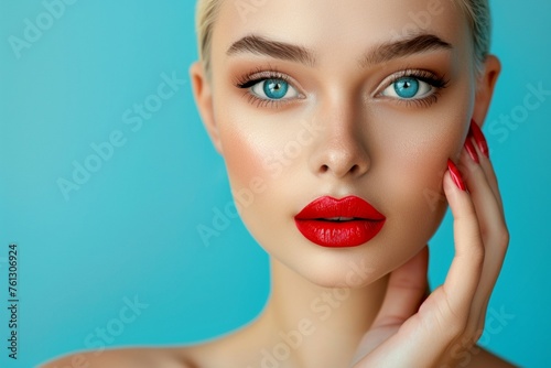 Gorgeous girl with a unique haircut, vivid cosmetics, a red lip, and a creative manicure. attractive countenance. artistic nails.