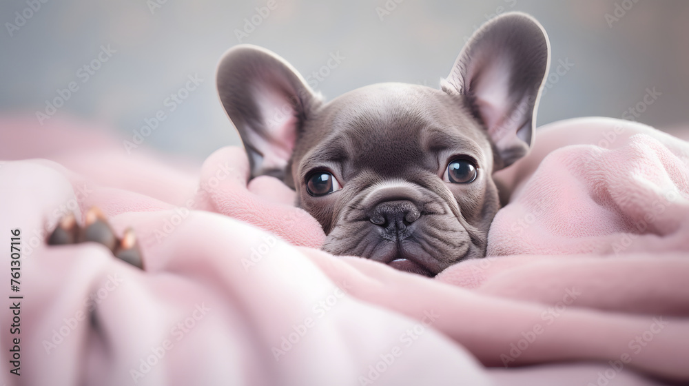 French Bulldog Puppy in Soft Pink Blanket
