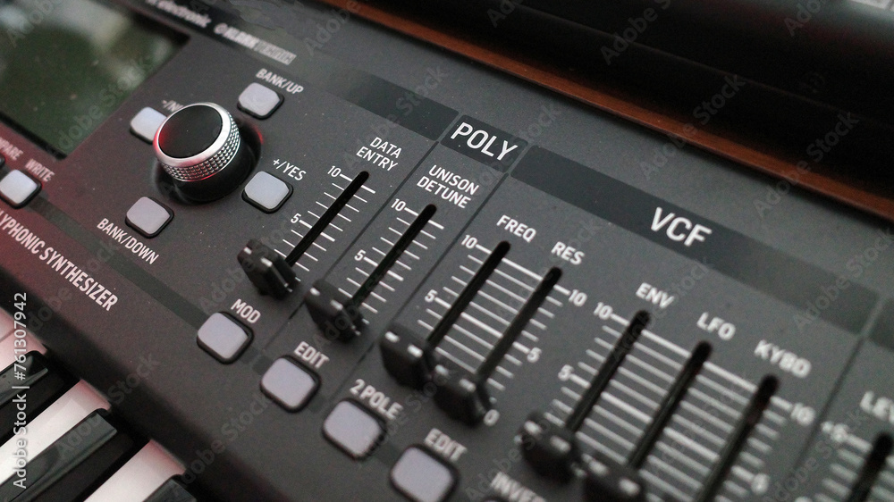 Close up of a part of an analogue polyphonic synthesizer
