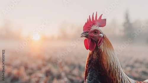 Majestic rooster crowing at dawn, epitomizing farm life in the tranquil early morning
