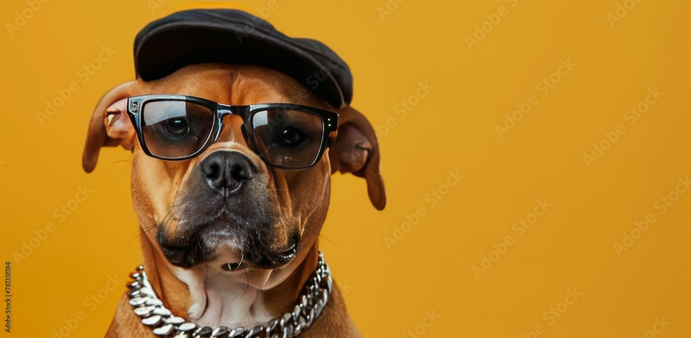 Portrait of a cute brown dog wearing a black cap, sunglasses