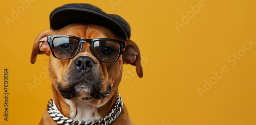 Portrait of a cute brown dog wearing a black cap, sunglasses