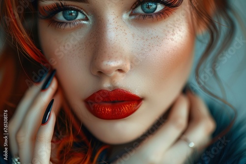 Gorgeous girl with a unique haircut, vivid cosmetics, a red lip, and a creative manicure. attractive countenance. artistic nails.