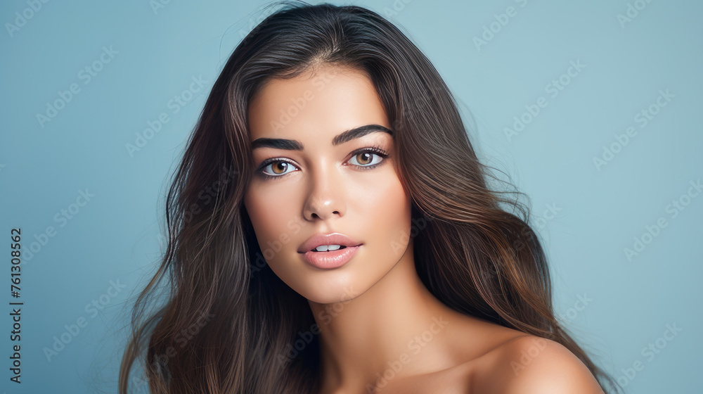 Fototapeta premium Beautiful, elegant, sexy Latino, Spain woman with perfect skin, on a light blue background, banner.