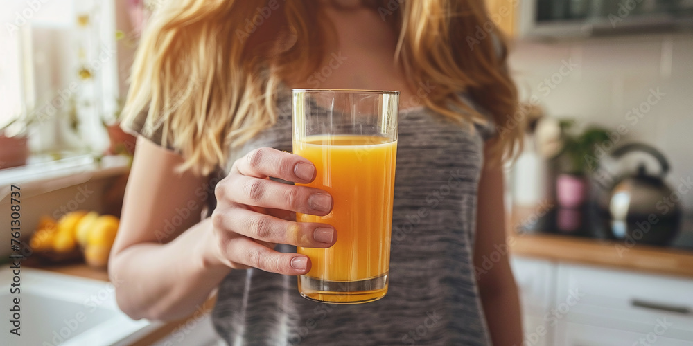 young woman holding a glass of orange juice against the background of a modern light kitchen - obrazy, fototapety, plakaty 