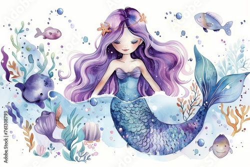 Watercolor little mermaid with purple hair, surrounded by cute sea creatures and bubbles on white background.