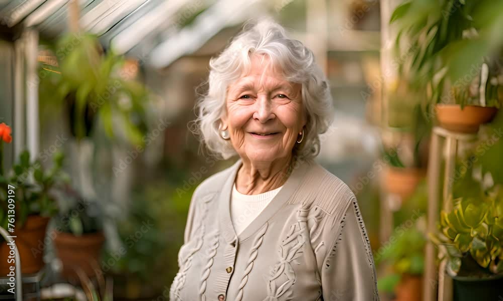 Smiling elderly woman in a greenhouse garden. The concept of golden age and gardening. Smiling elderly woman in a greenhouse garden. The concept of golden age and gardening.