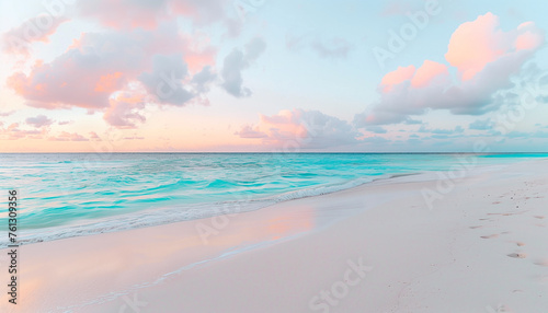 Serene sunrise at a tranquil beach with pastel-colored sky and pristine sandy shore. © Anna
